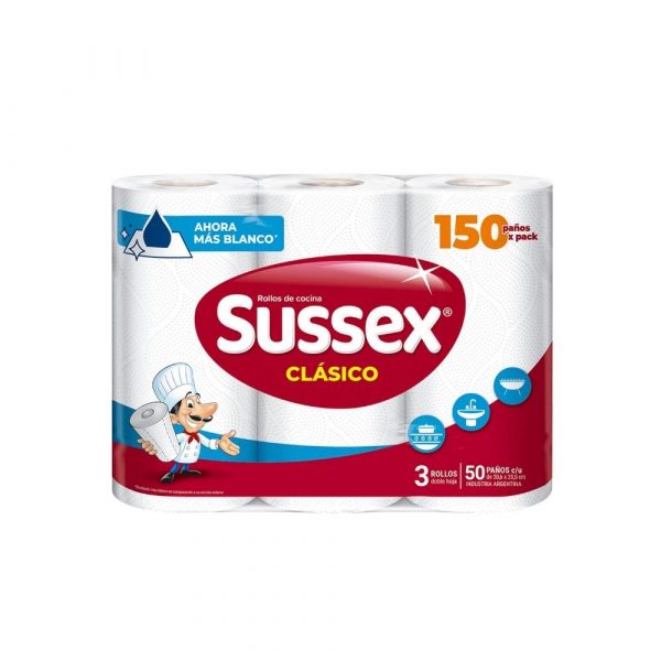 Rollo de Cocina Sussex Clásico 3 unidades x 50 Paños Pack Conv
