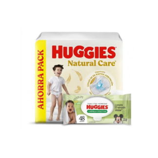 Pañal Huggies Natural Care Ahorro XXXG x 52 + Toalla Húmeda Limpieza Efectiva 48